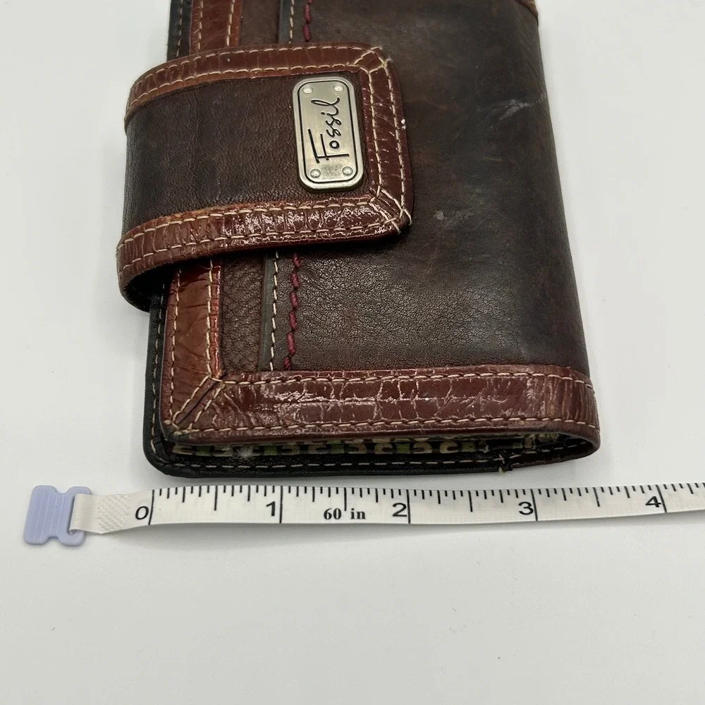 Fossil Vintage Brown Leather Bifold Wallet Distressed Contrast Stitch Boho
